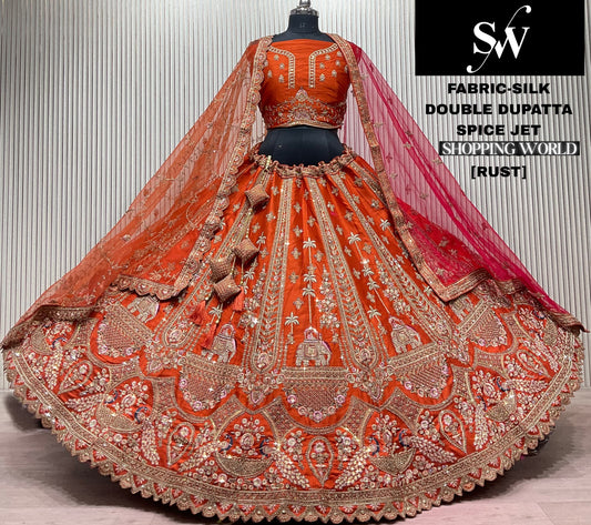 Rani pink Double Dupatta Peacock Silk Bridal Lehenga