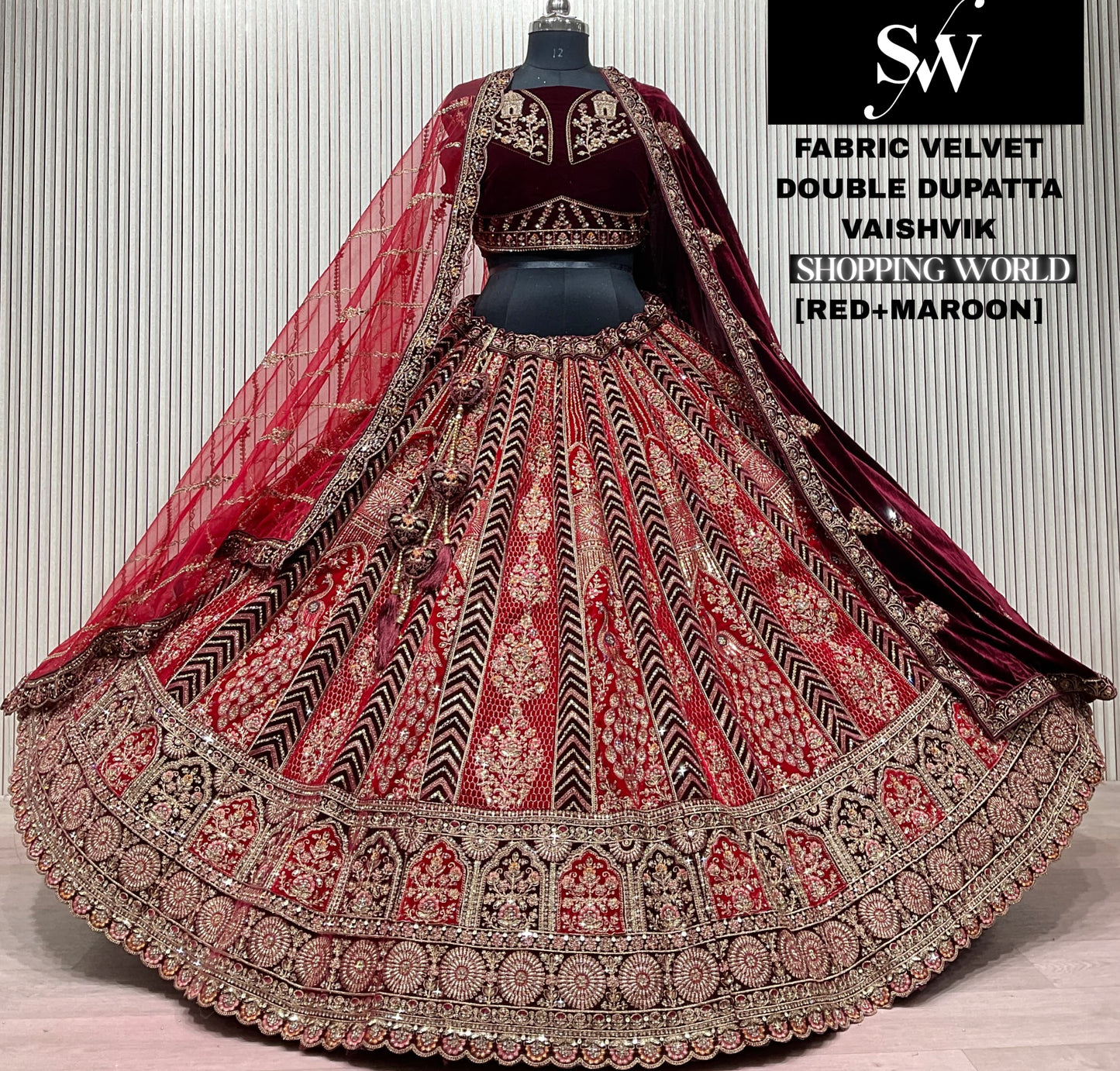 Rani Maroon Double Dupatta Peacock Velvet Bridal Lehenga