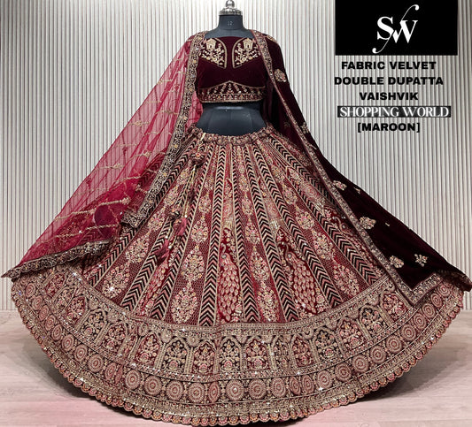 Rani Maroon Double Dupatta Peacock Velvet Bridal Lehenga