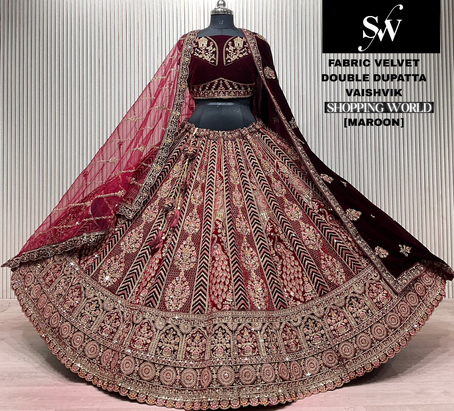 Red Maroon Double Dupatta Peacock Velvet Bridal Lehenga