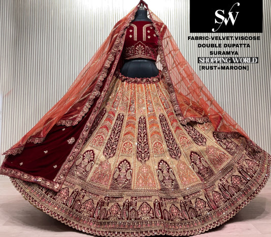 Rani Maroon Double Dupatta Velvet Viscose Bridal Lehenga