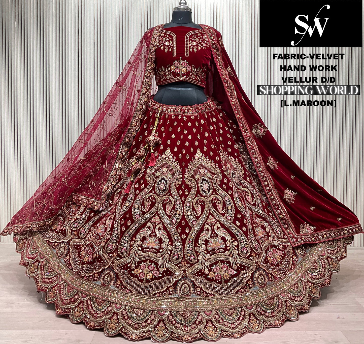 Dark Maroon peacock Velvet Bridal Lehenga