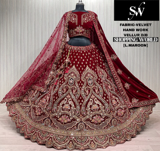 Dark Maroon peacock Velvet Bridal Lehenga