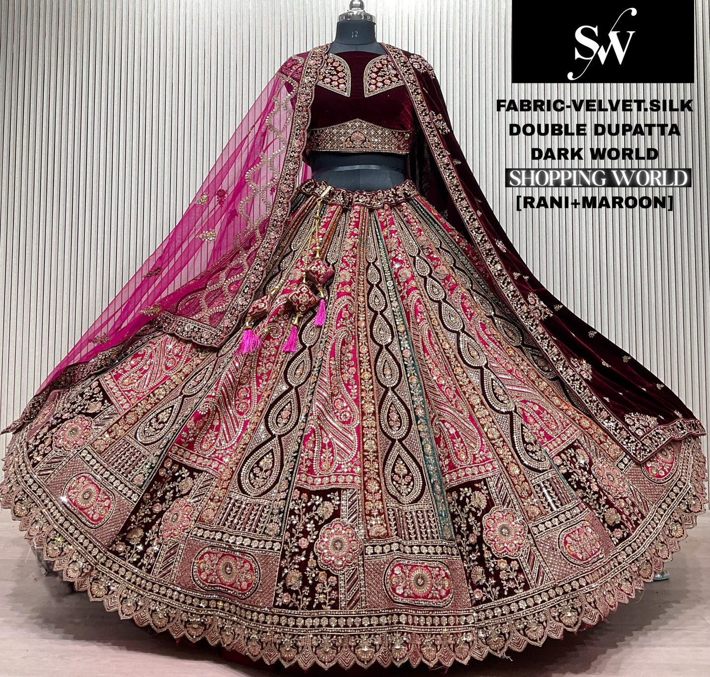 Red Maroon Double Dupatta Velvet Silk Bridal Lehenga