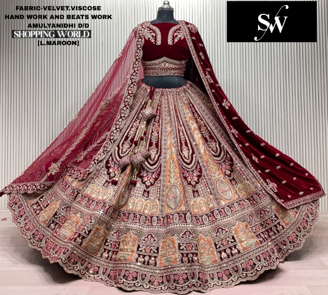 Dark Maroon Velvet Viscose Bridal Lehenga