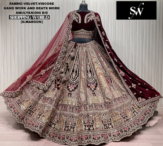 Light Maroon Velvet Viscose Bridal Lehenga