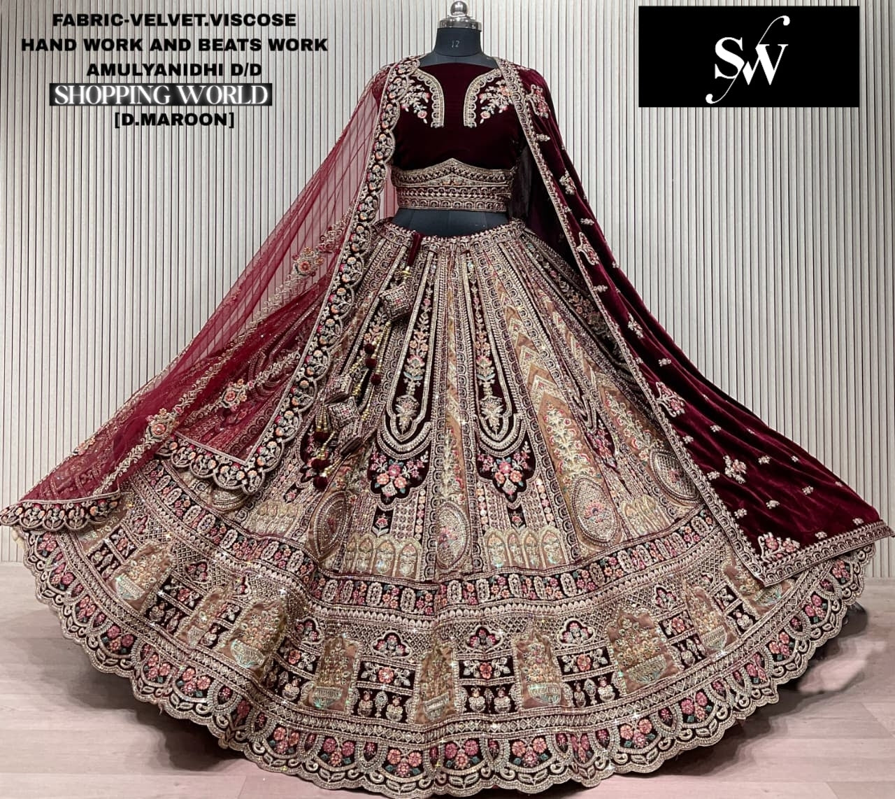 Light Maroon Velvet Viscose Bridal Lehenga