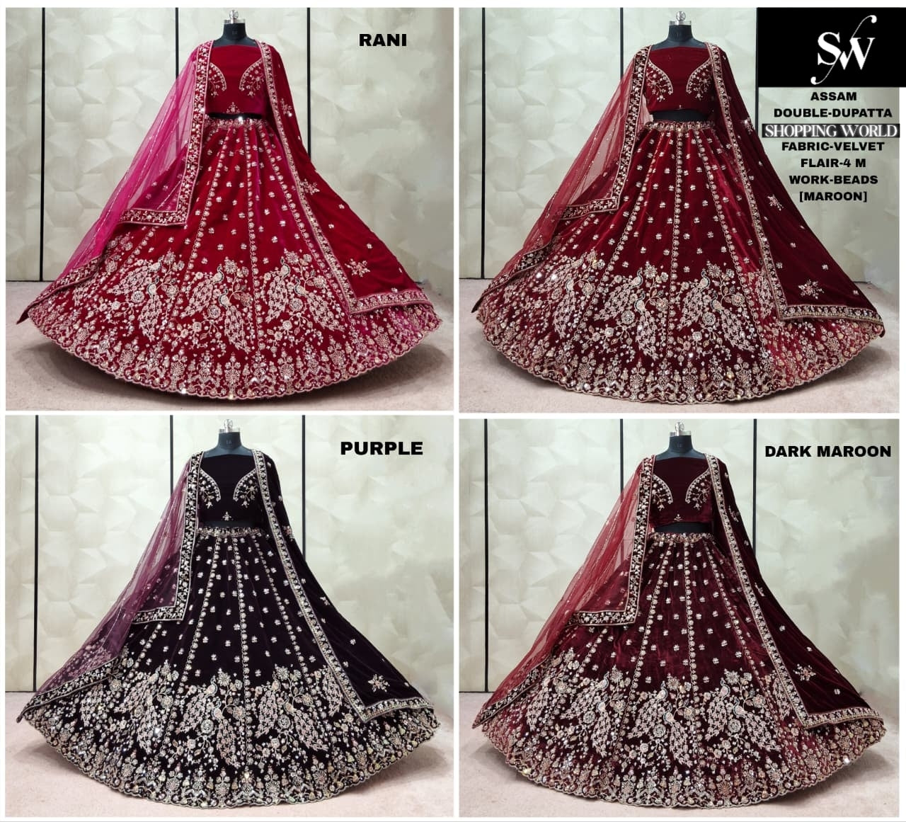 Maroon Dark Maroon Rani pink Purple Velvet Double Dupatta Peacock Bridal Lehenga