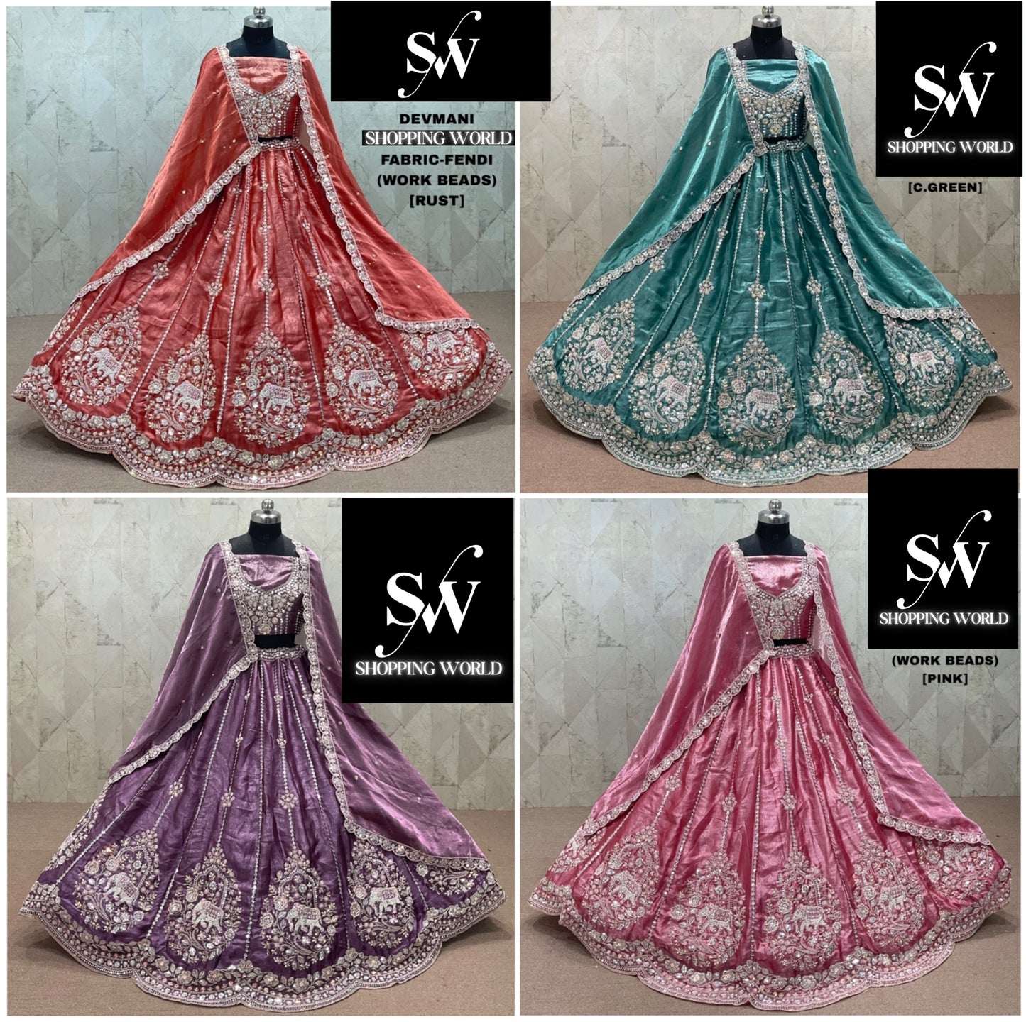 Rust Orange Purple Pink Sea green Fendi Lehenga