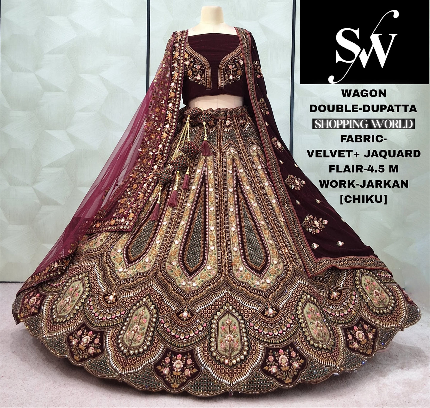 Lavishing Maroon peach Rani pink Velvet Double Dupatta Bridal Lehenga