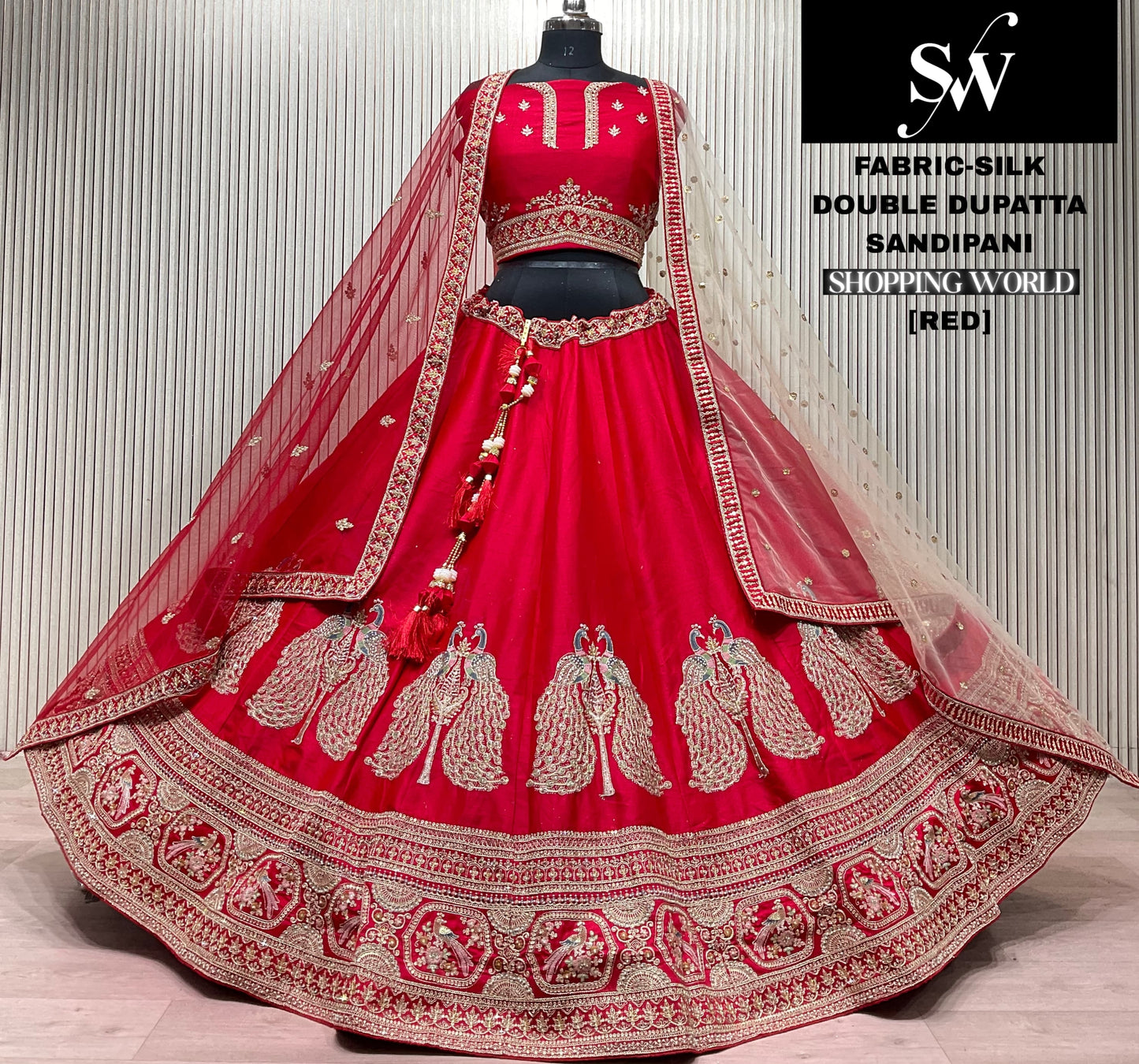 Sabyasachi Inspired Red Peacock Silk Double Dupatta Bridal lehenga