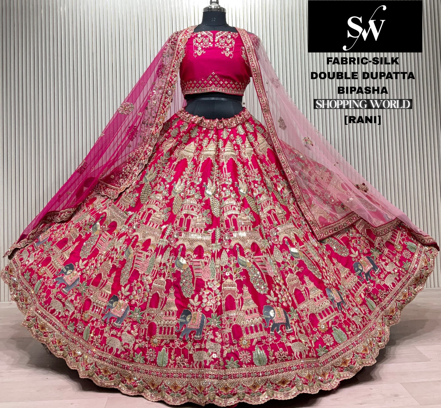 Rani pink Peacock Silk Double Dupatta Bridal lehenga