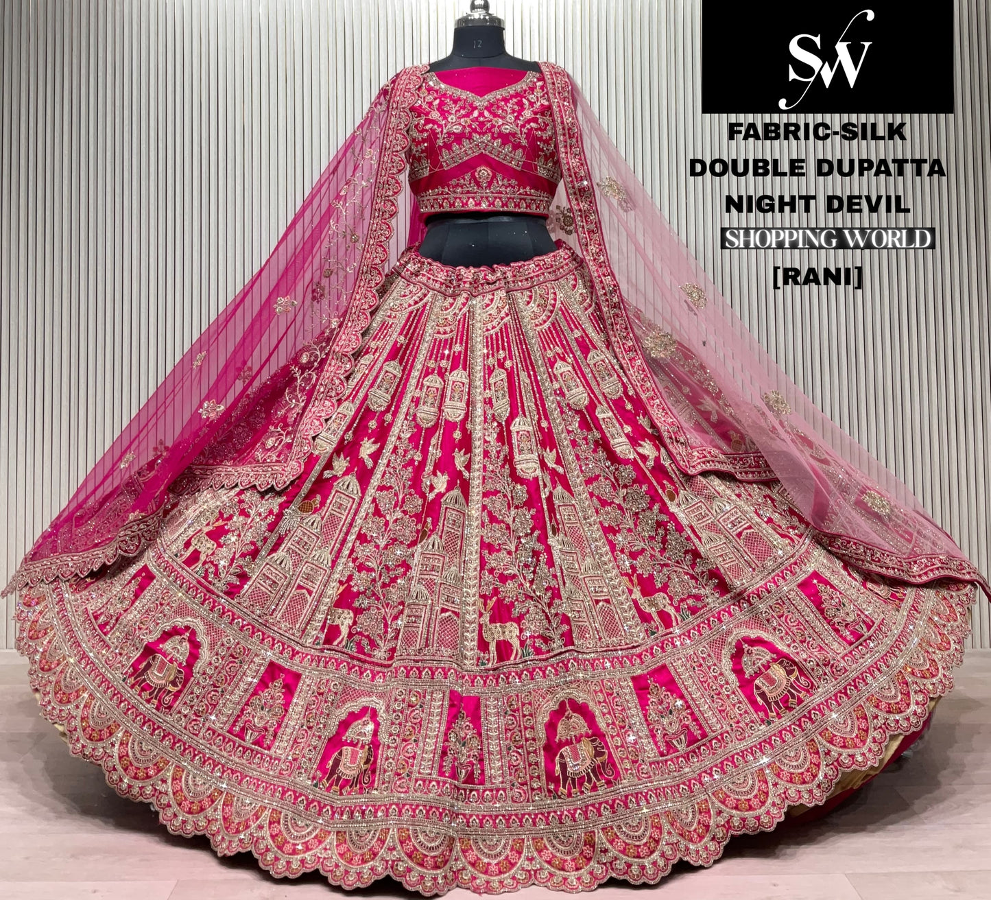 Rani pink Peacock Silk Double Dupatta Bridal lehenga