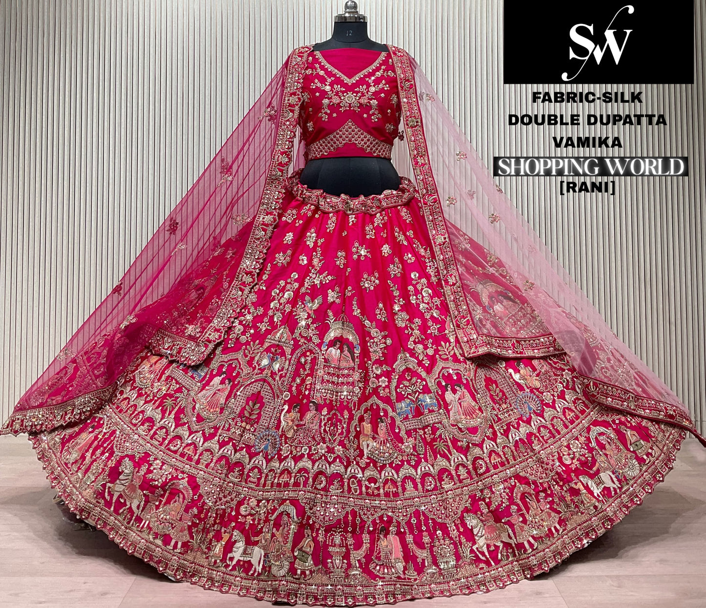 Red Peacock Silk Double Dupatta bridal lehenga