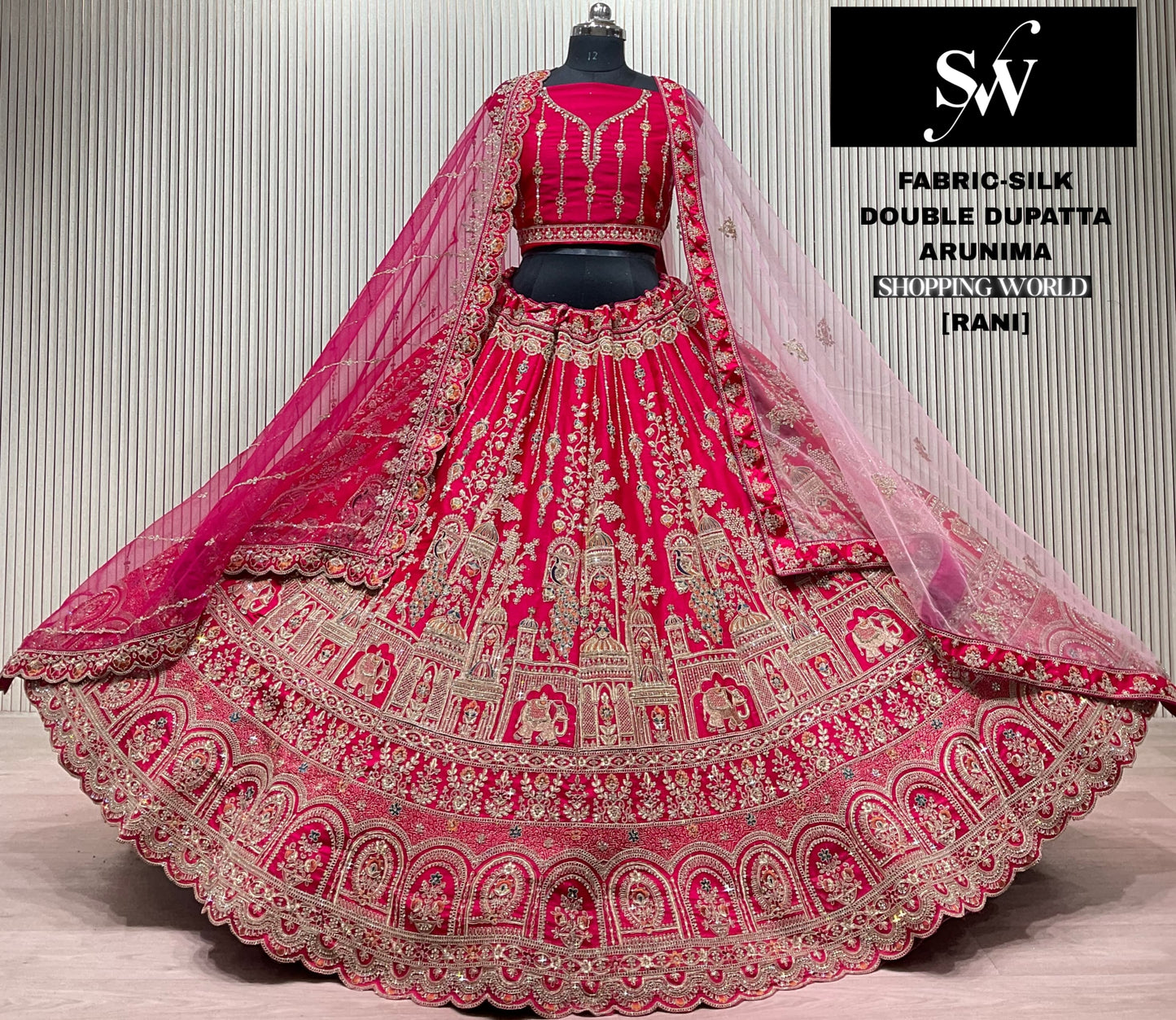 Rani pink peacock Silk Double Dupatta bridal lehenga