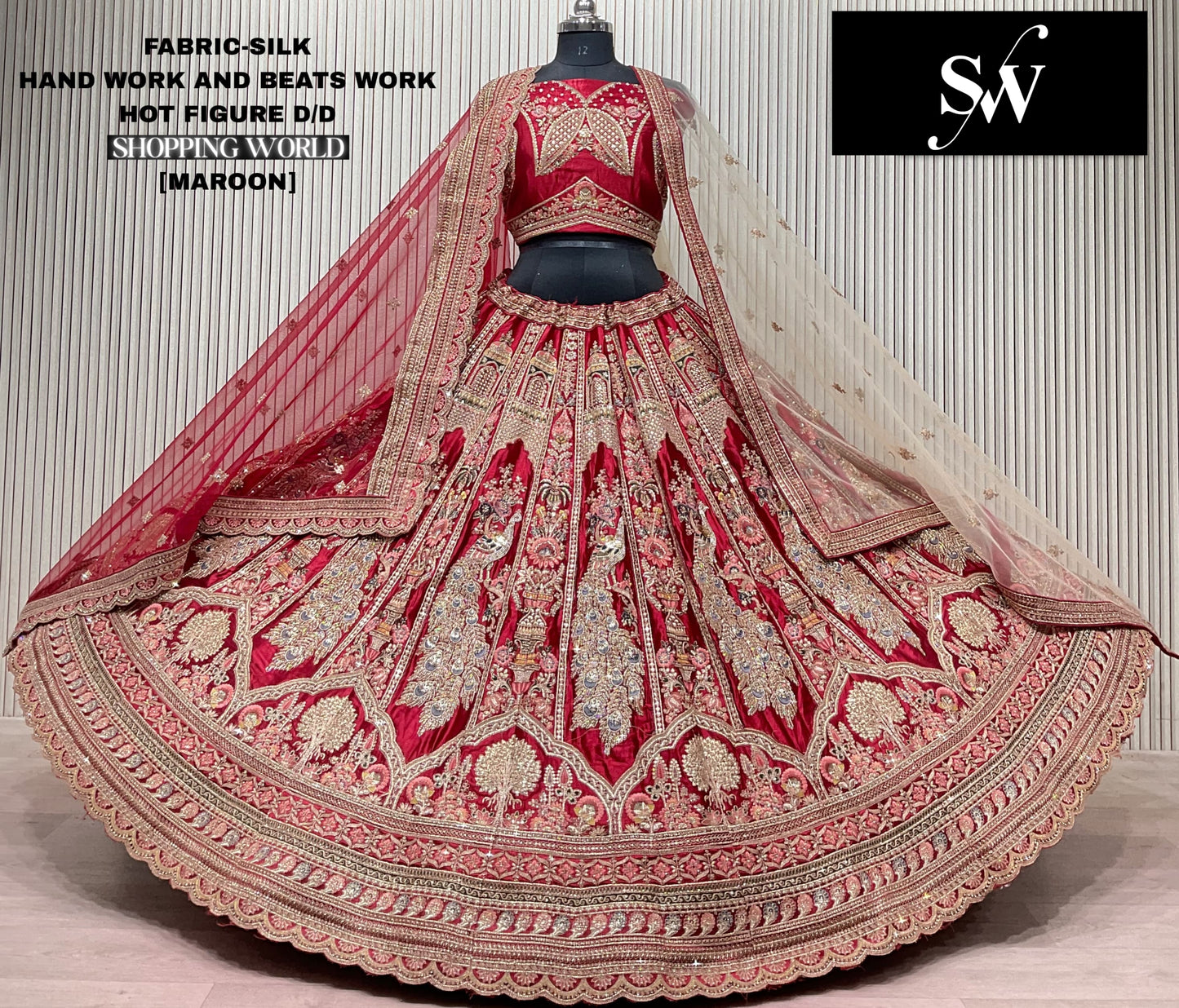 Maroon peacock Silk bridal lehenga