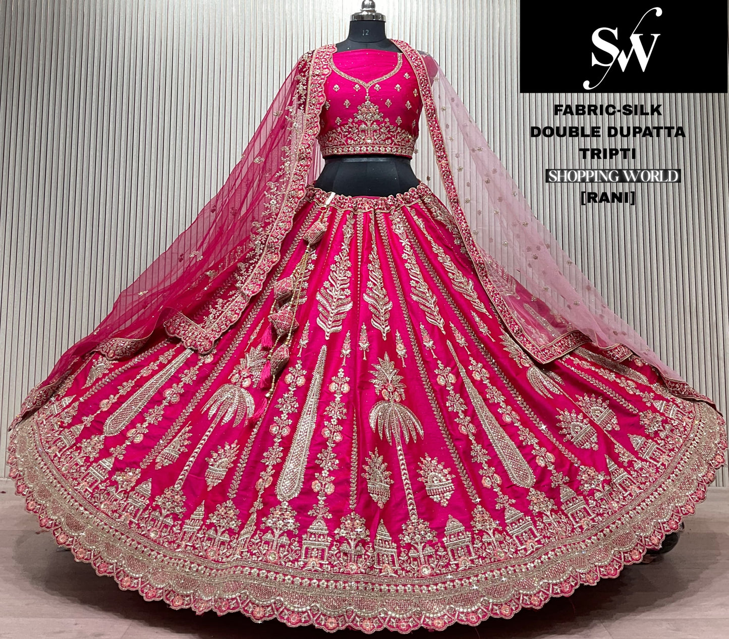 Rani pink Double Dupatta Silk bridal lehenga