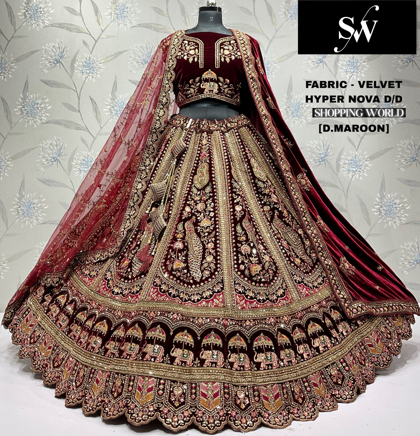 Rani pink Peacock Velvet bridal lehenga