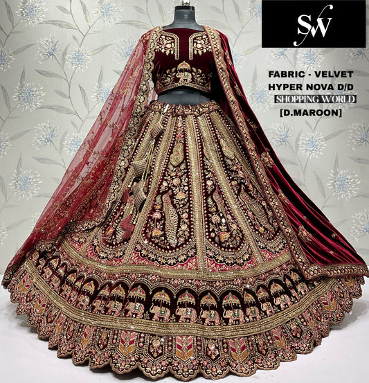 Light Maroon Peacock Velvet bridal lehenga