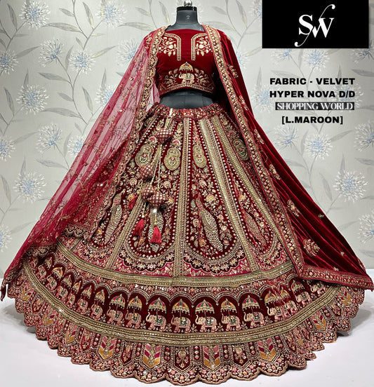 Rani pink Peacock Velvet bridal lehenga