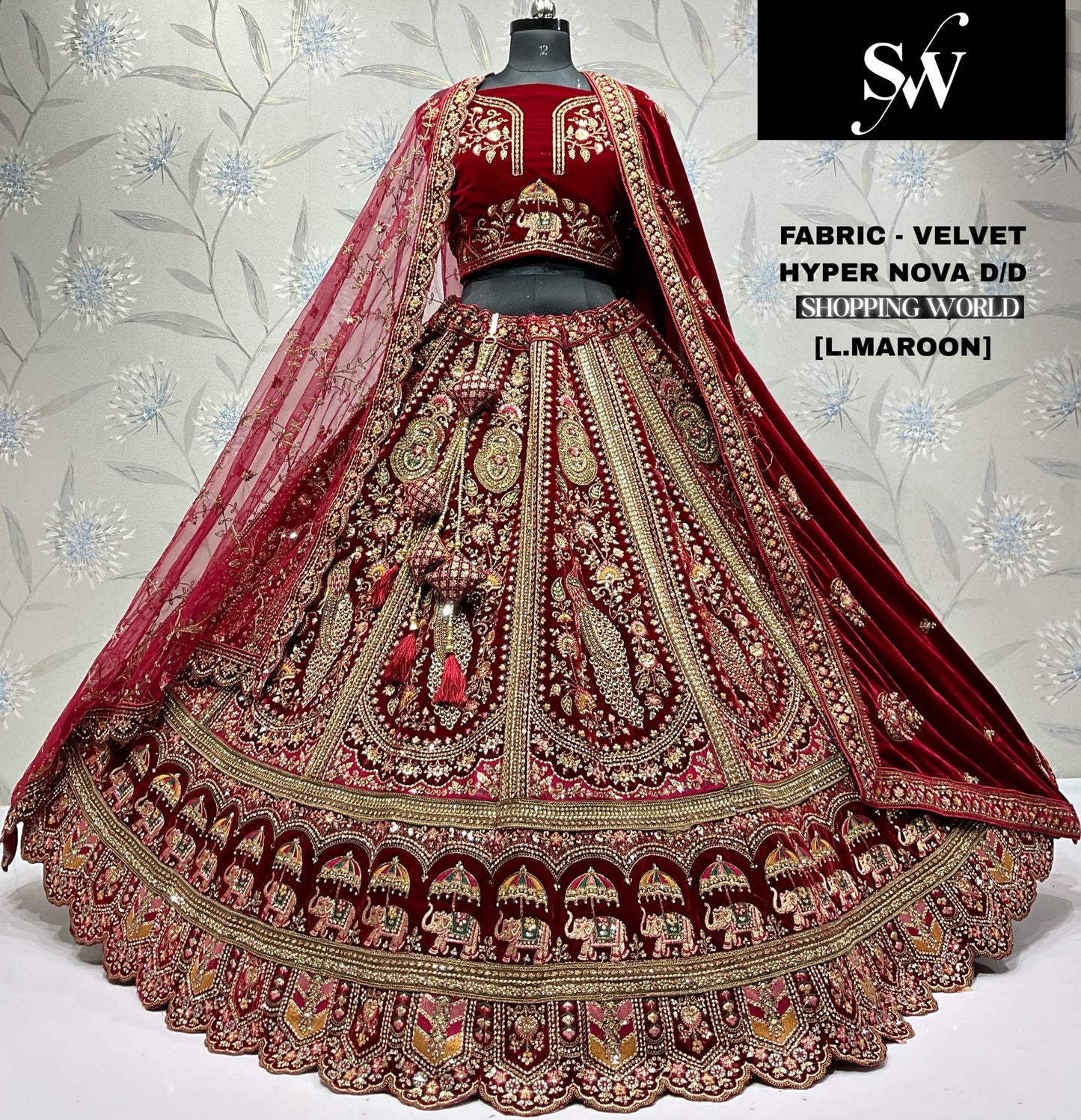 Dark Maroon Peacock Velvet bridal lehenga