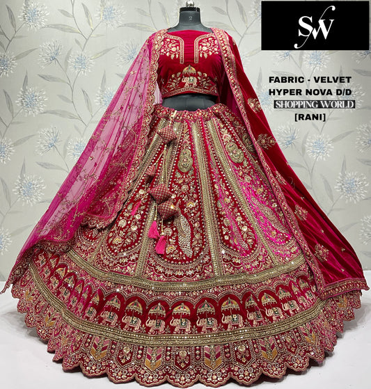 Dark Maroon Peacock Velvet bridal lehenga