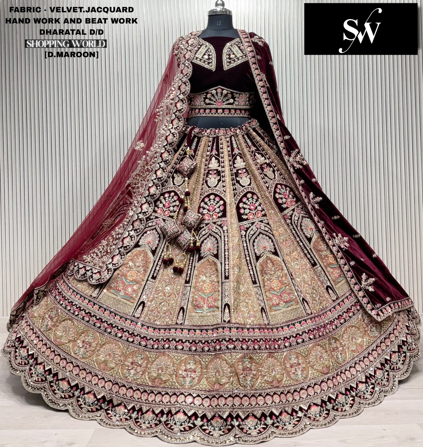 Dark Maroon Velvet Jacquard bridal lehenga