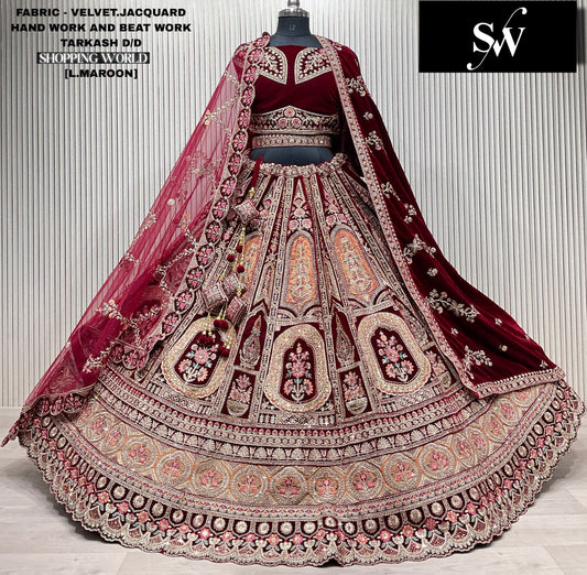 Dark Maroon Jacquard Velvet bridal lehenga