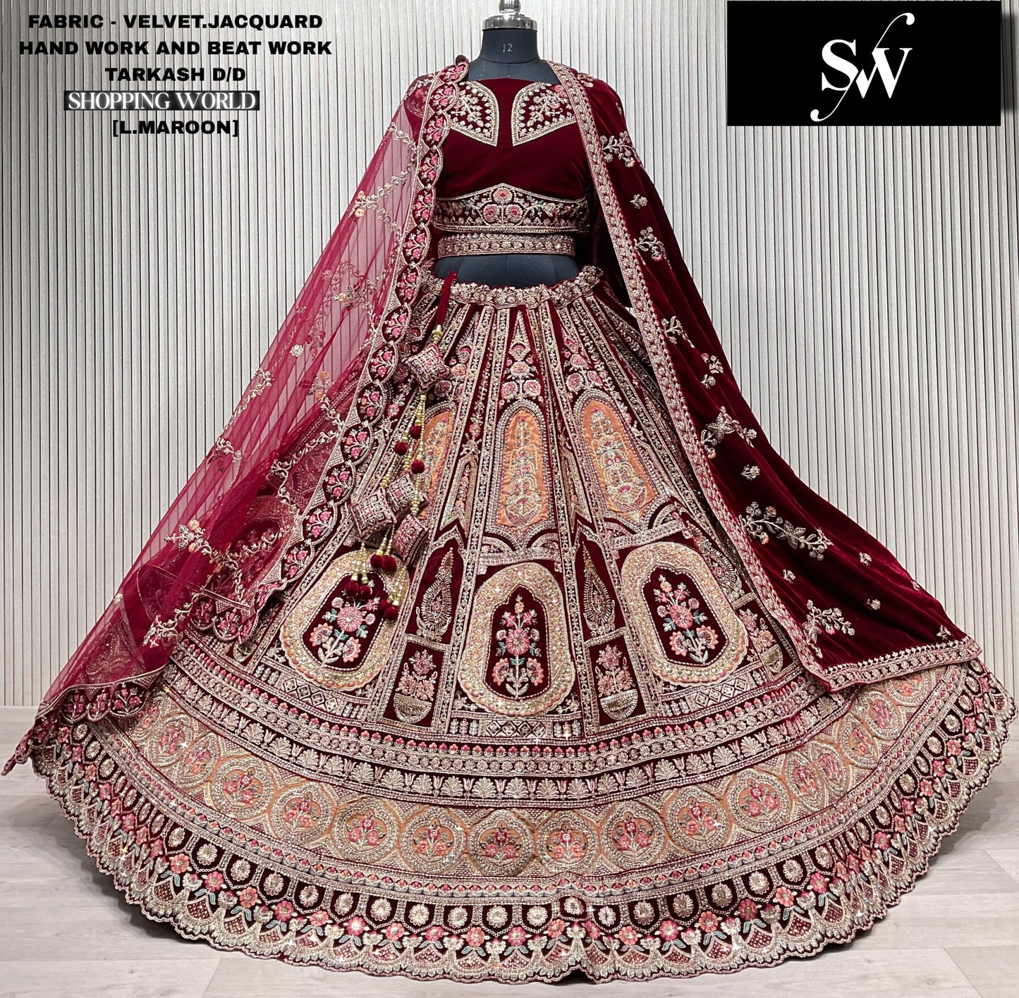 Dark Maroon Jacquard Velvet bridal lehenga