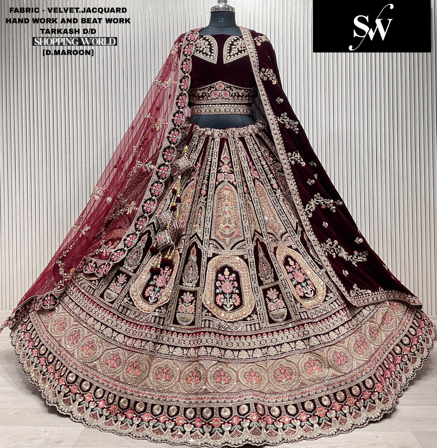 Light Maroon Jacquard Velvet bridal lehenga