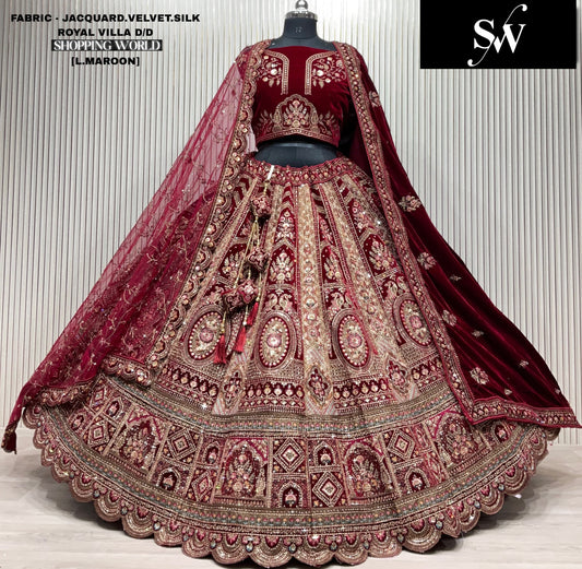 Dark Maroon Jacquard Velvet Silk Peacock bridal lehenga