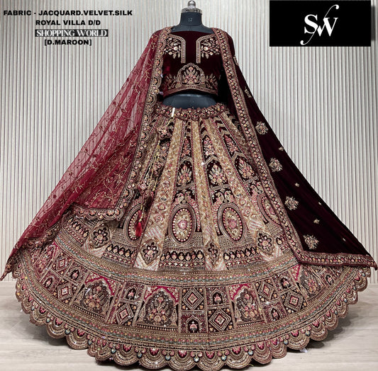 Light Maroon Jacquard Velvet Silk bridal lehenga