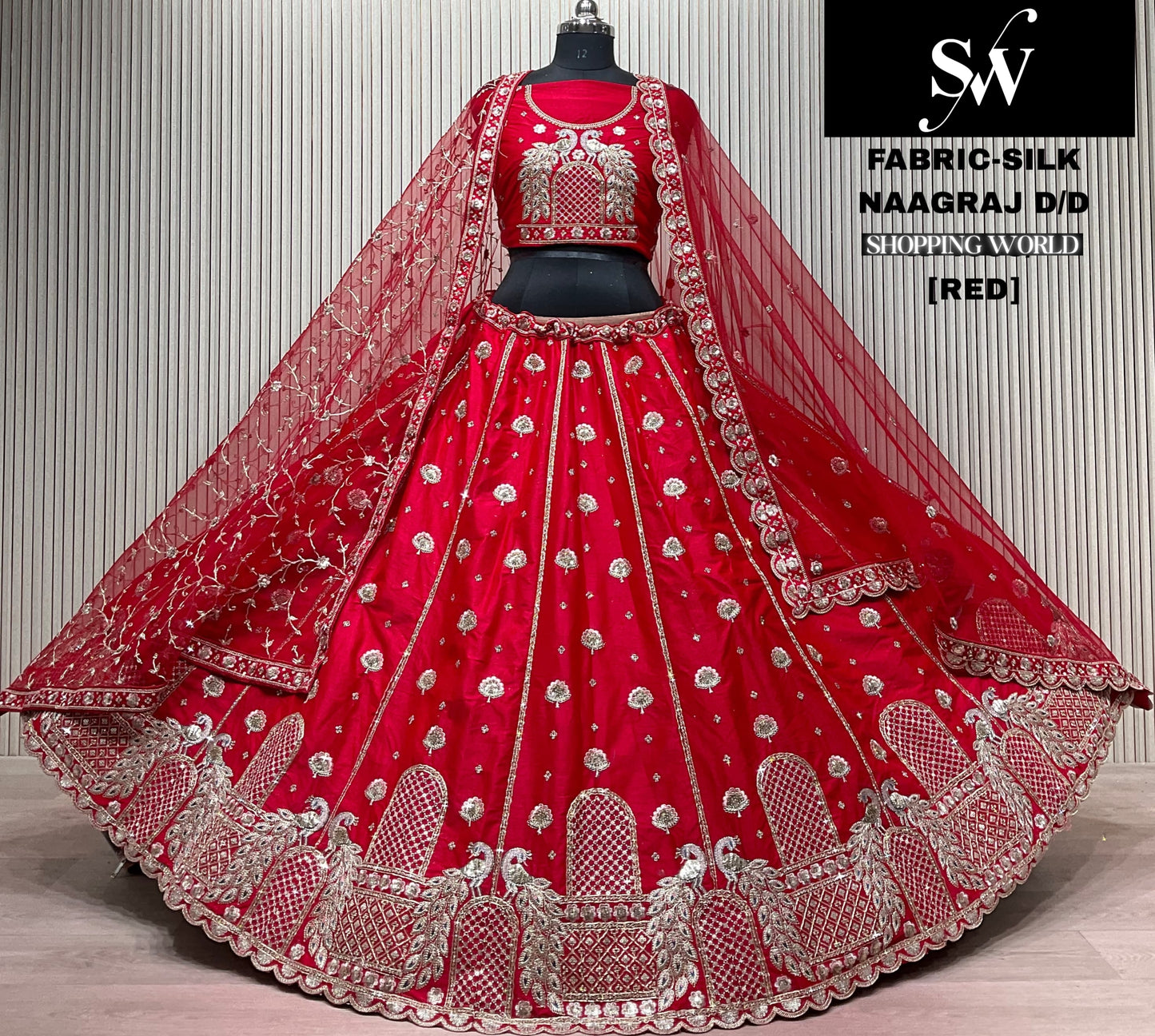 Red peacock Double Dupatta Silk bridal lehenga