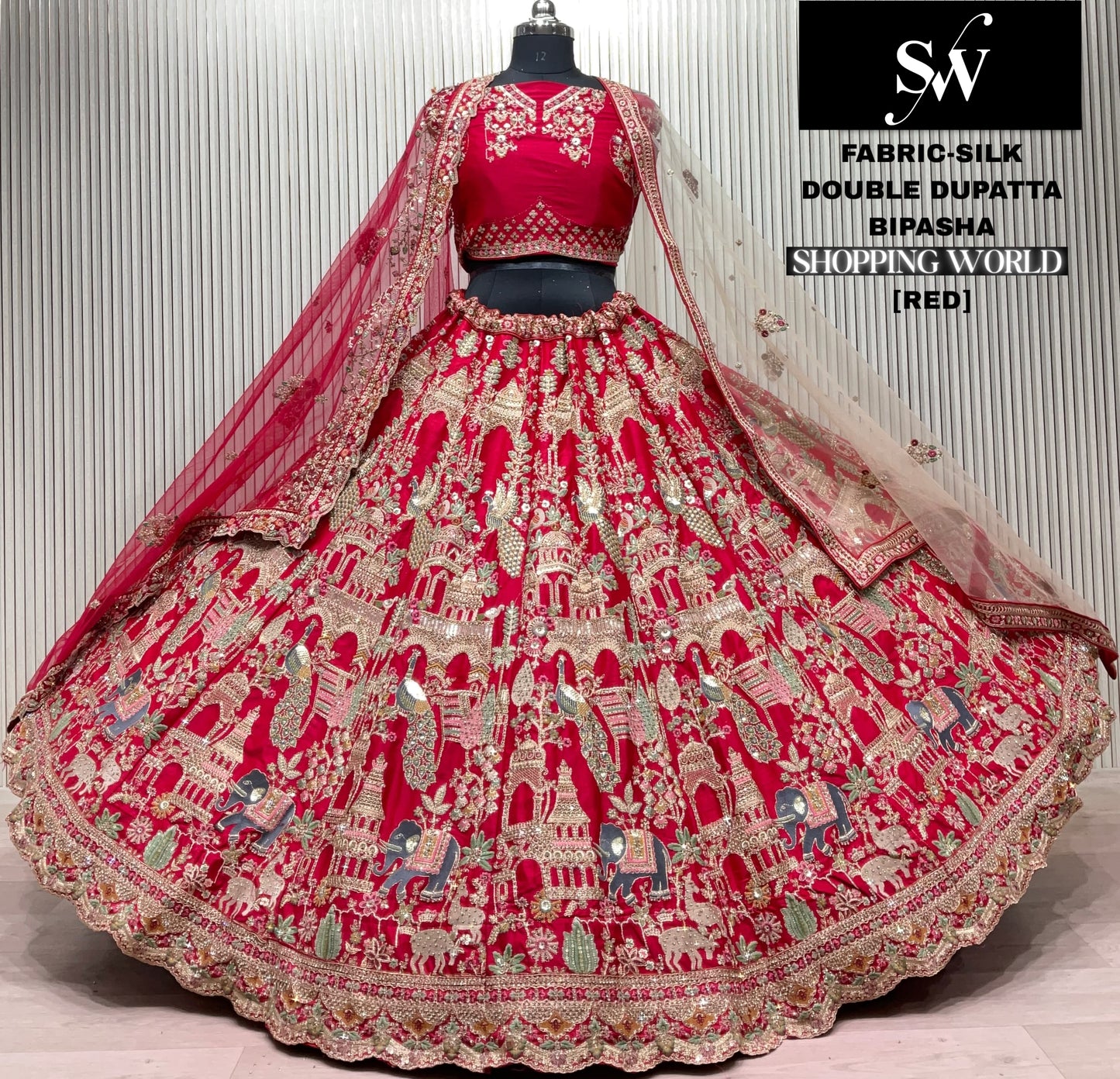 Red Peacock Silk Double Dupatta bridal lehenga