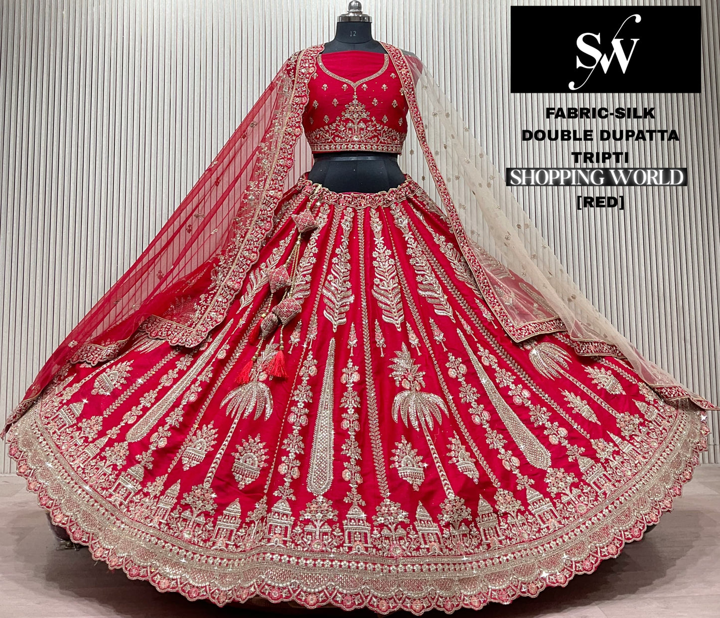 Red Silk Double Dupatta bridal lehenga