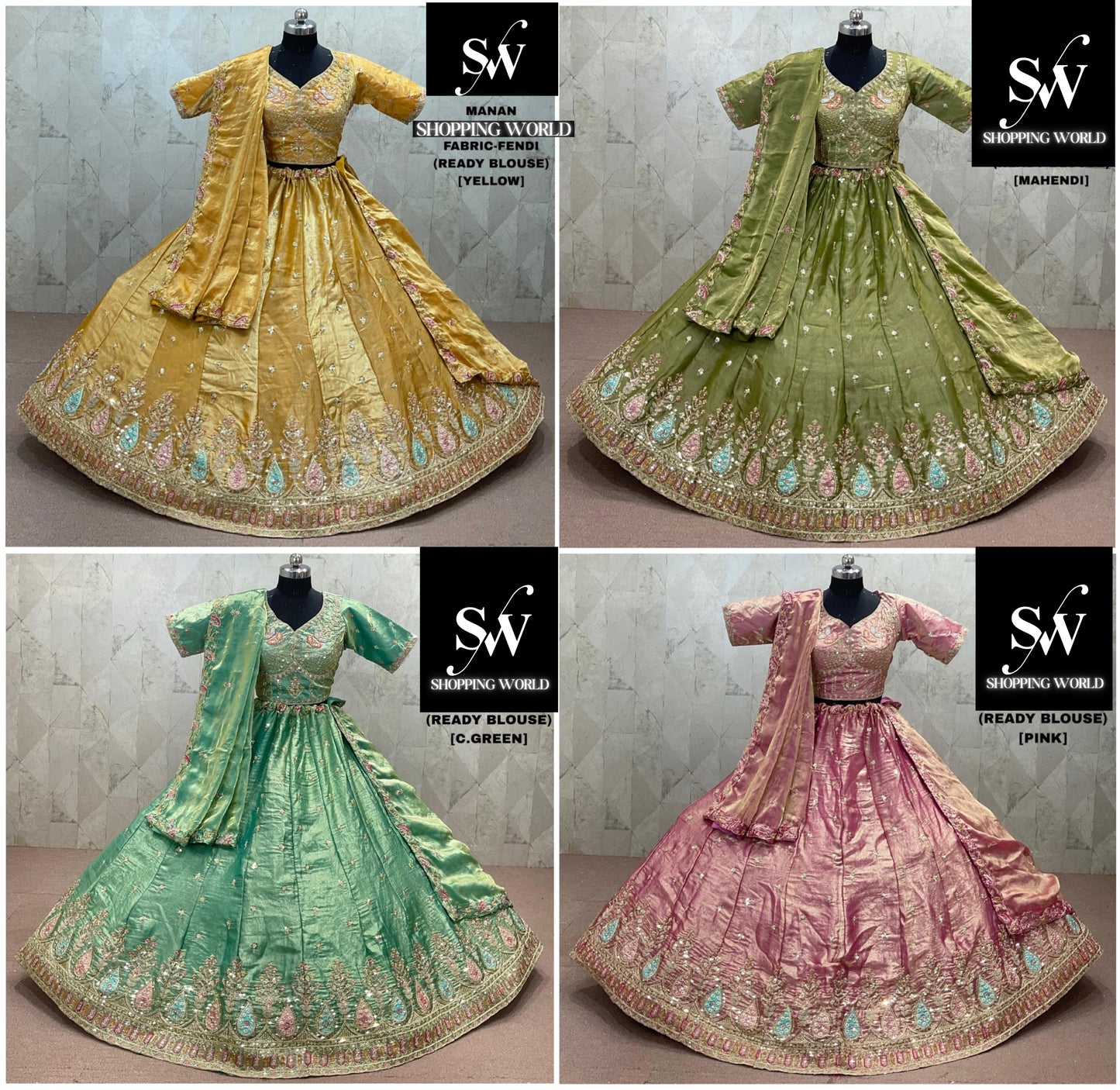 Yellow Mehendi Green Sea green Pink Ready to Wear crop top Lehenga