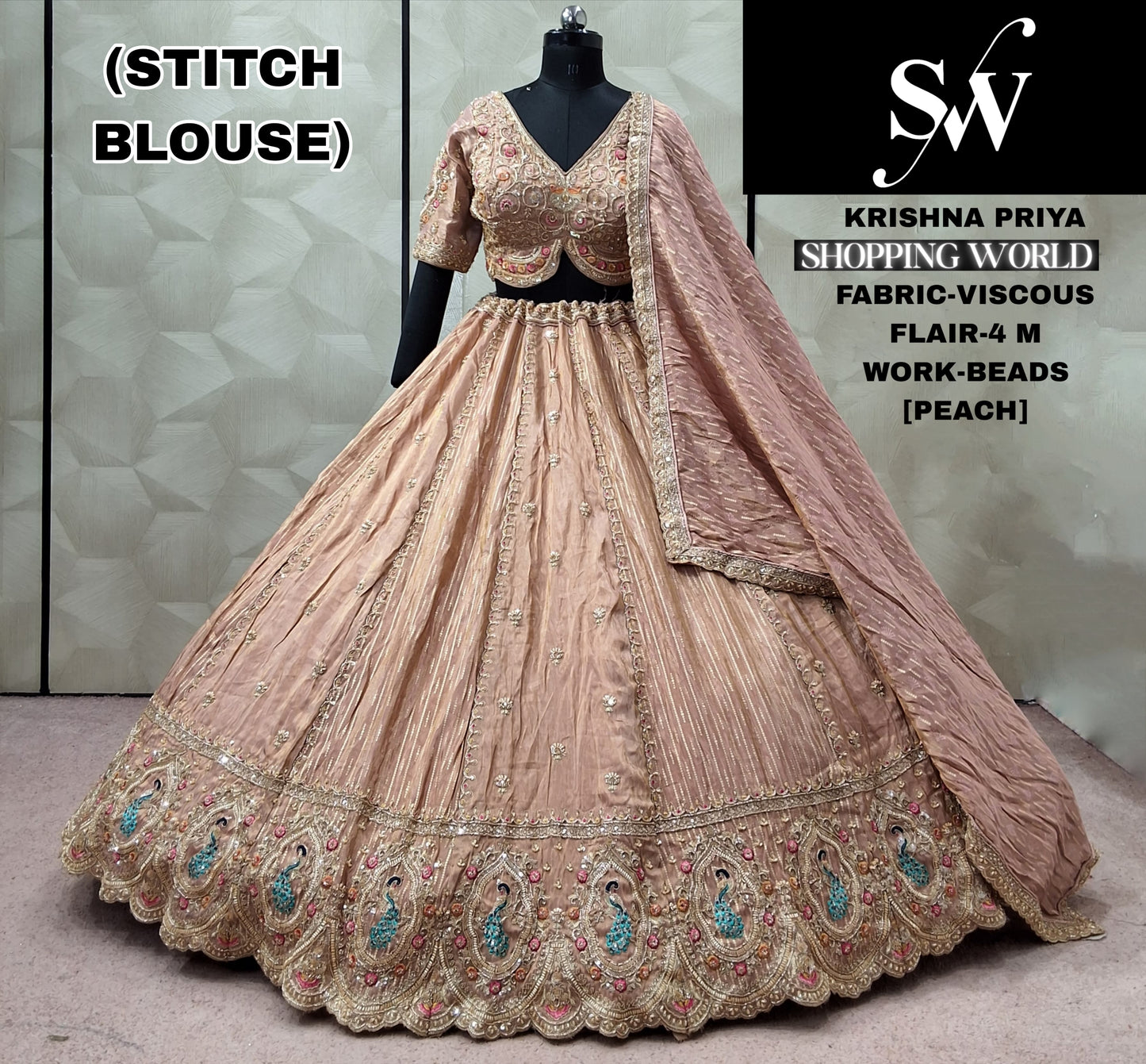 Peach Viscous peacock Crop Top Lehenga - Shopping World