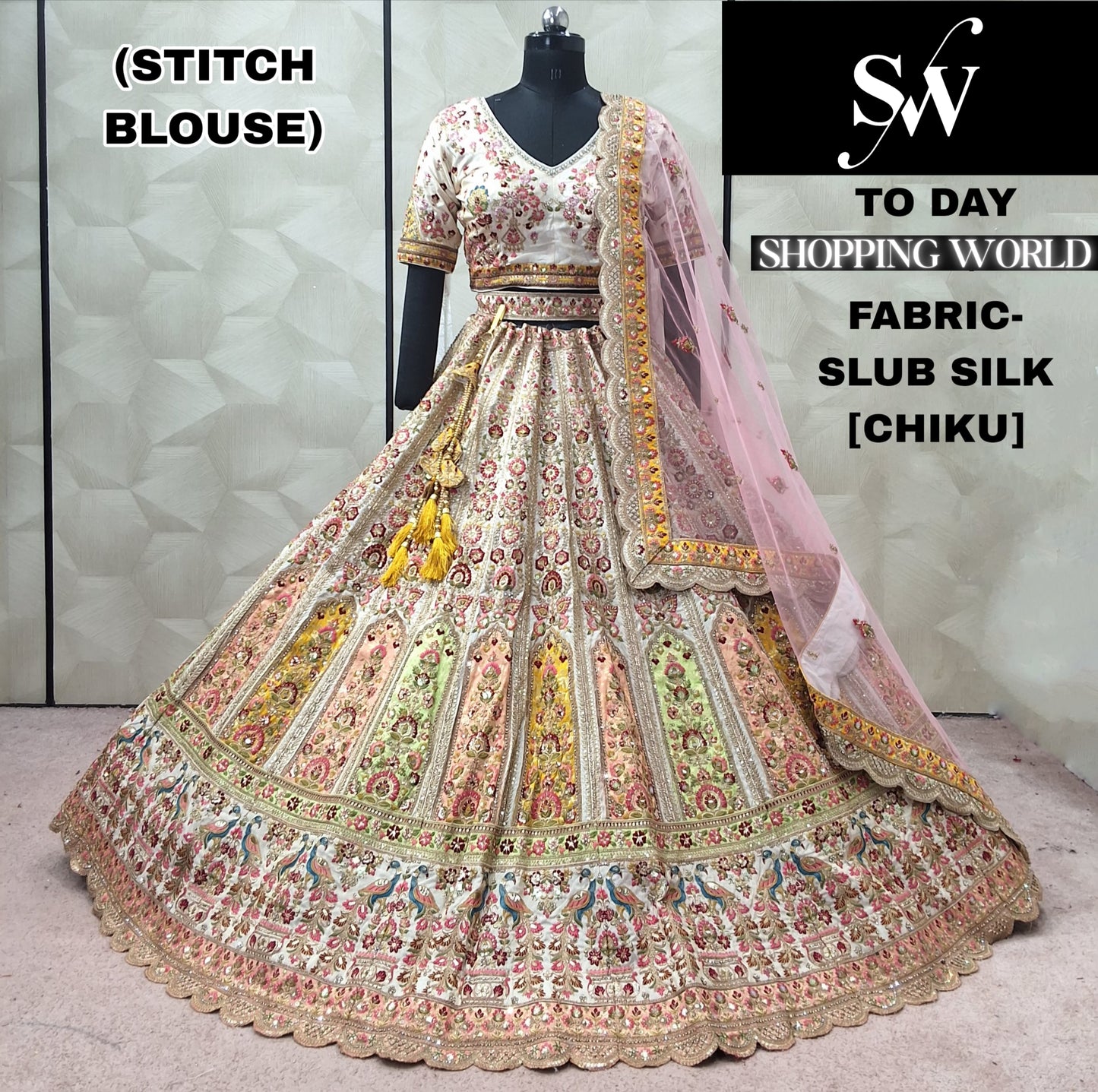 सफेद गुलाबी स्लब सिल्क क्रॉप टॉप लहंगा