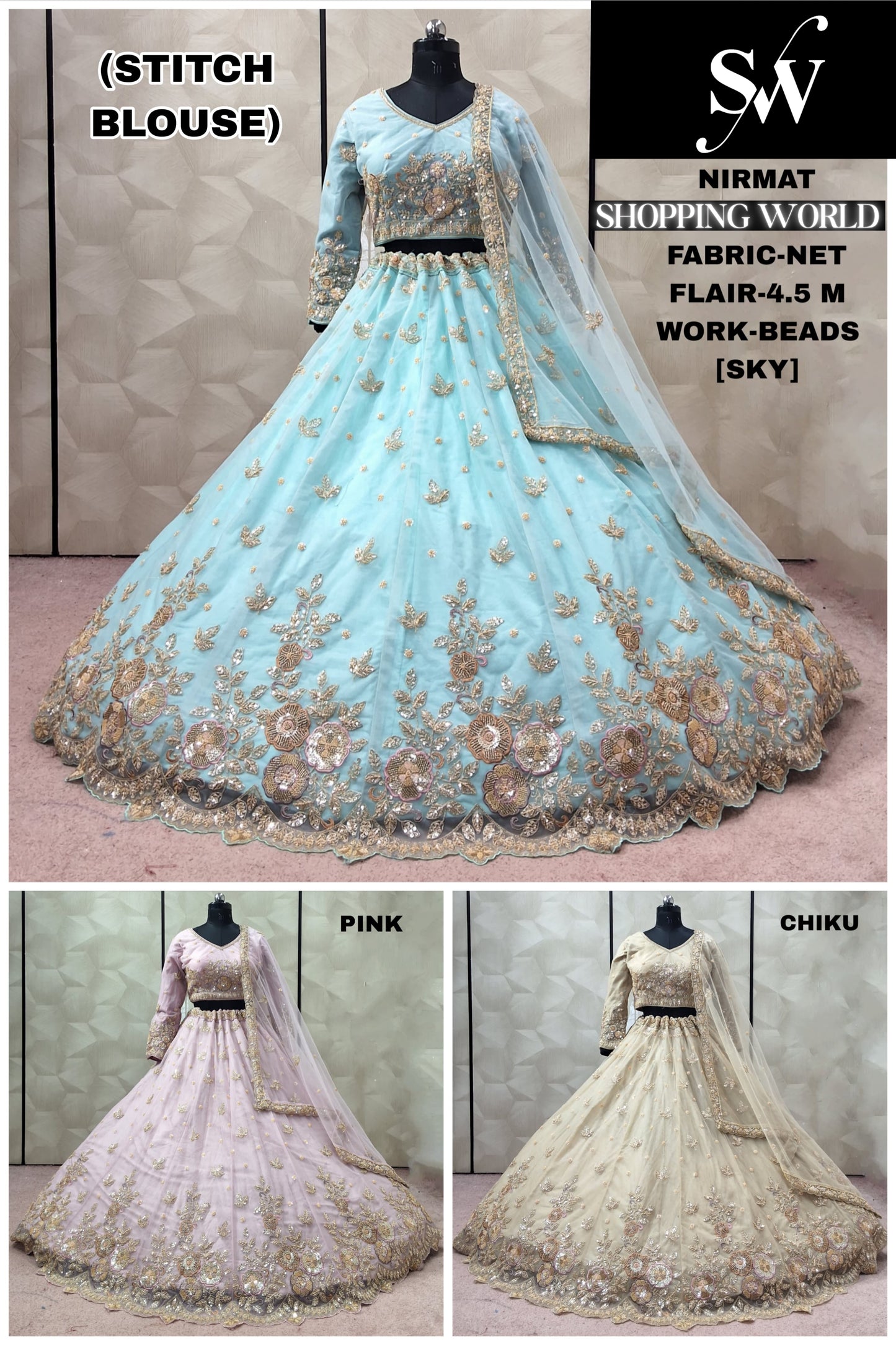Sky Blue Pink Chiku Golden Net crop top Lehenga - Shopping World
