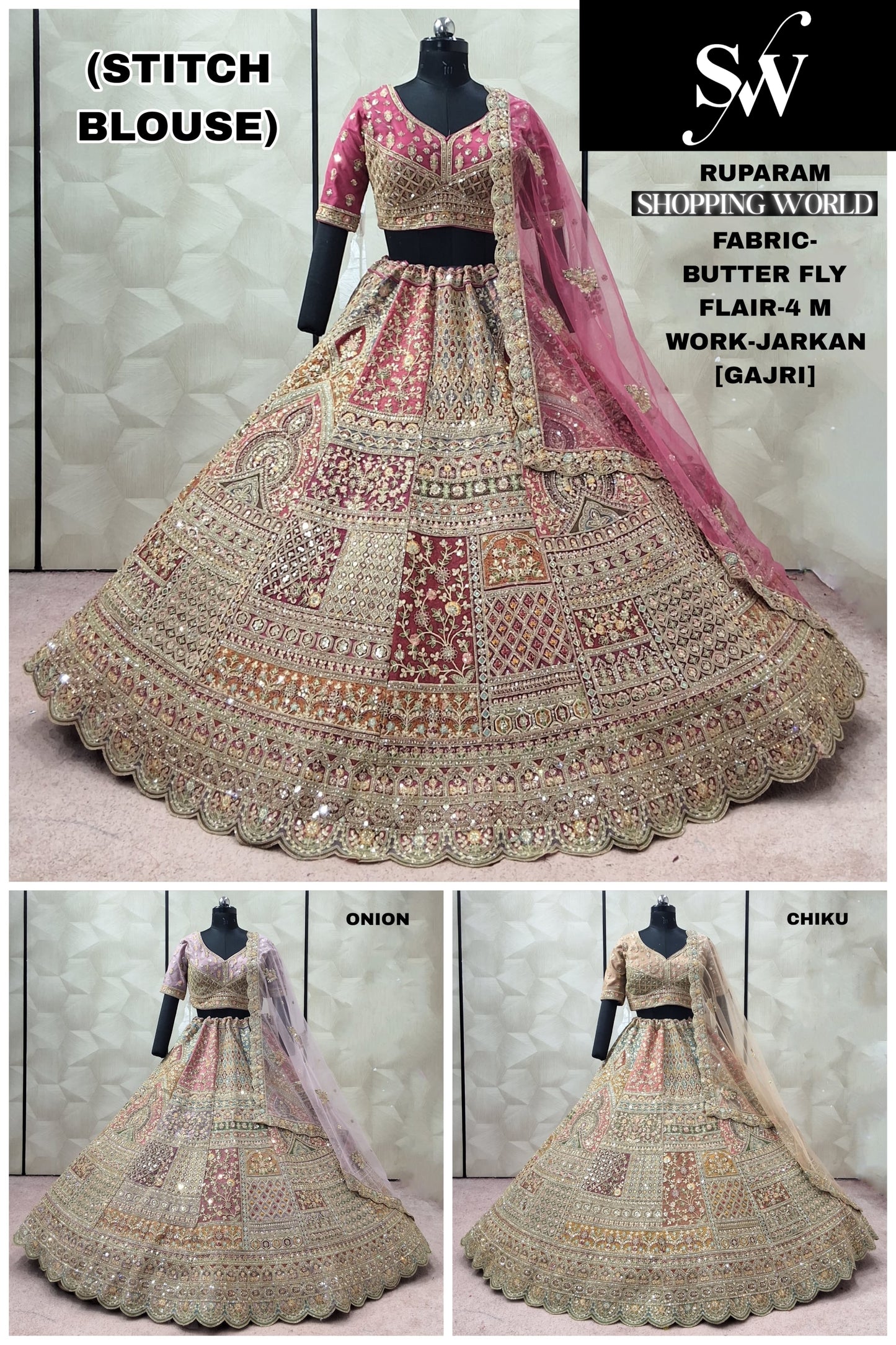 Gajri pink Onion Chiku Golden Butterfly crop top Lehenga