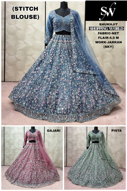 Pista Green Gajri pink Sky blue Net crop top Lehenga