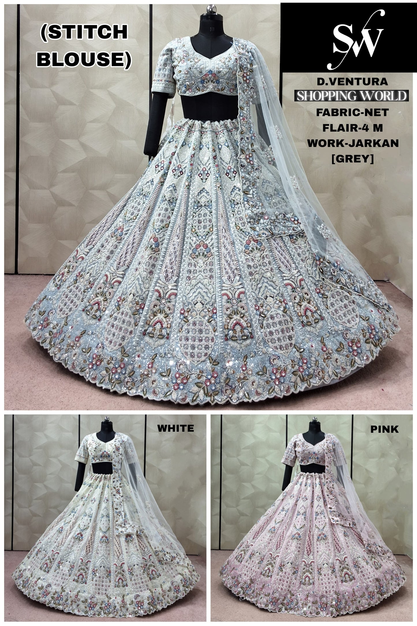 Grey White Pink Net crop top Lehenga