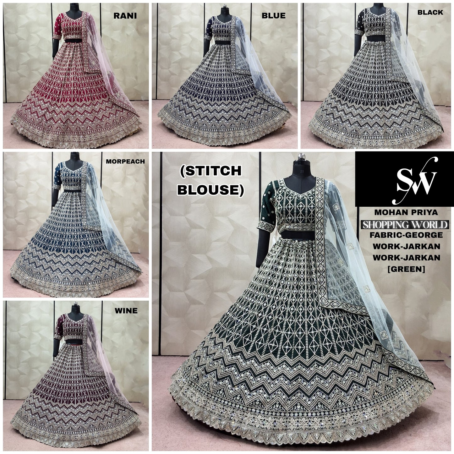 Rani pink Blue Wine Morpeach Blue green Black crop top Lehenga