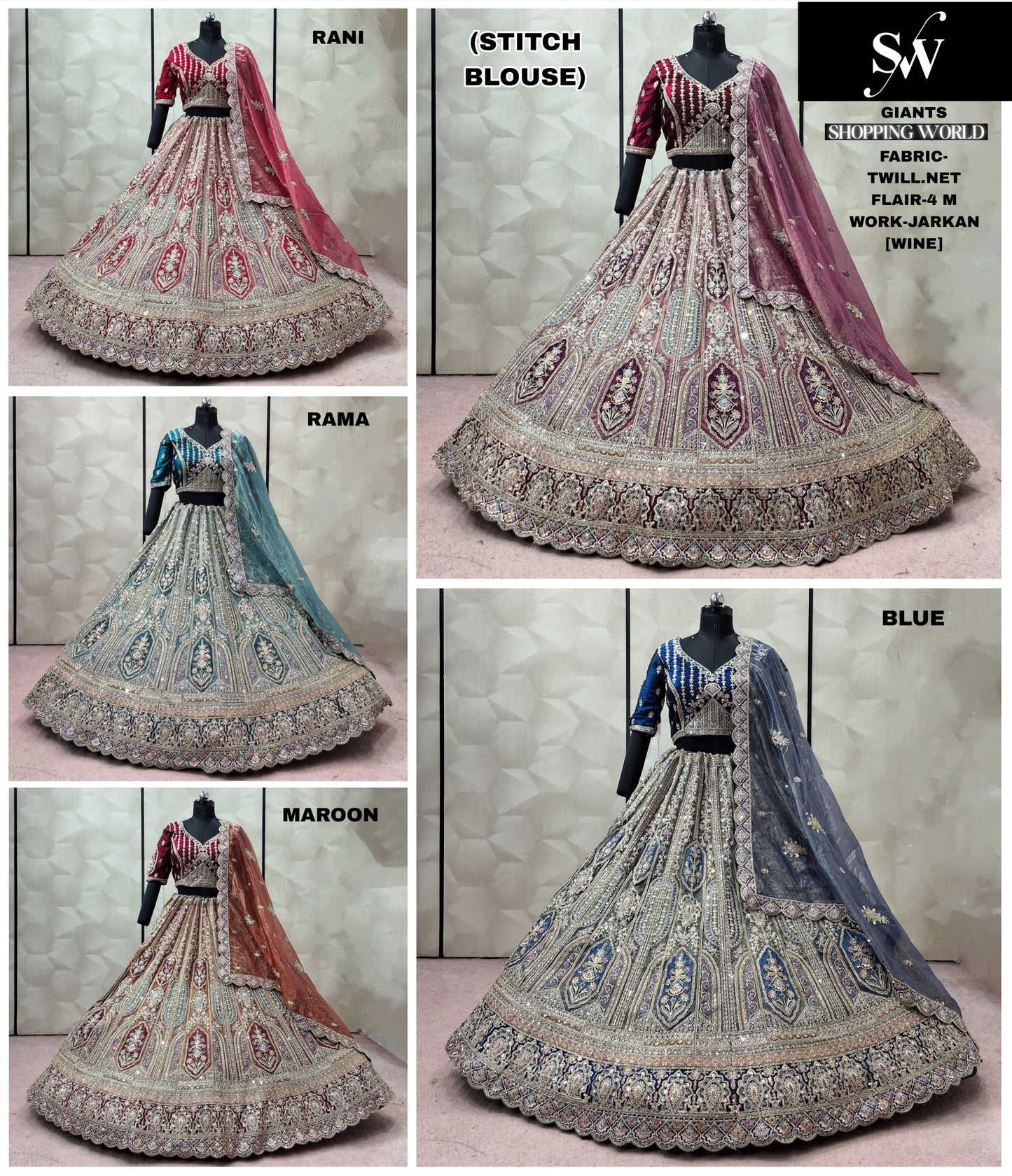Rama green Rani pink Wine Maroon Blue Twill Net crop top Lehenga