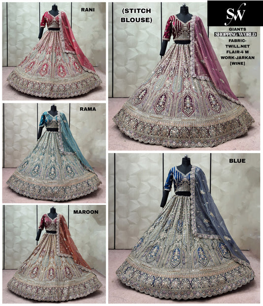 Rama green Rani pink Wine Maroon Blue Twill Net crop top Lehenga