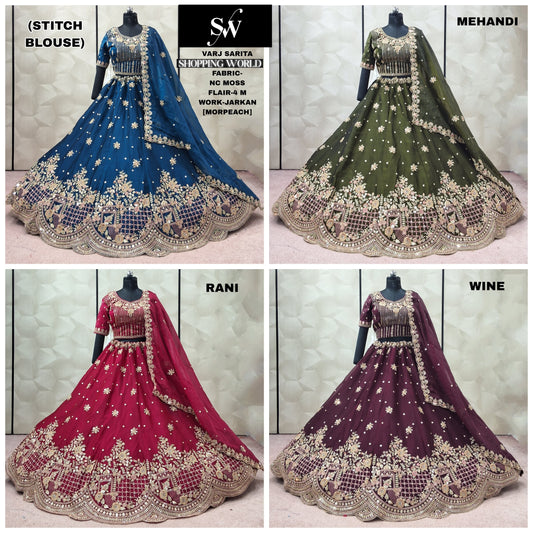 Mehendi Green Rani pink Wine Morpeach Nc moss crop top Lehenga - Shopping World