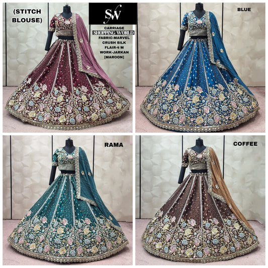 Maroon Rama green Coffee Brown Blue marvel Crush Silk crop top Lehenga