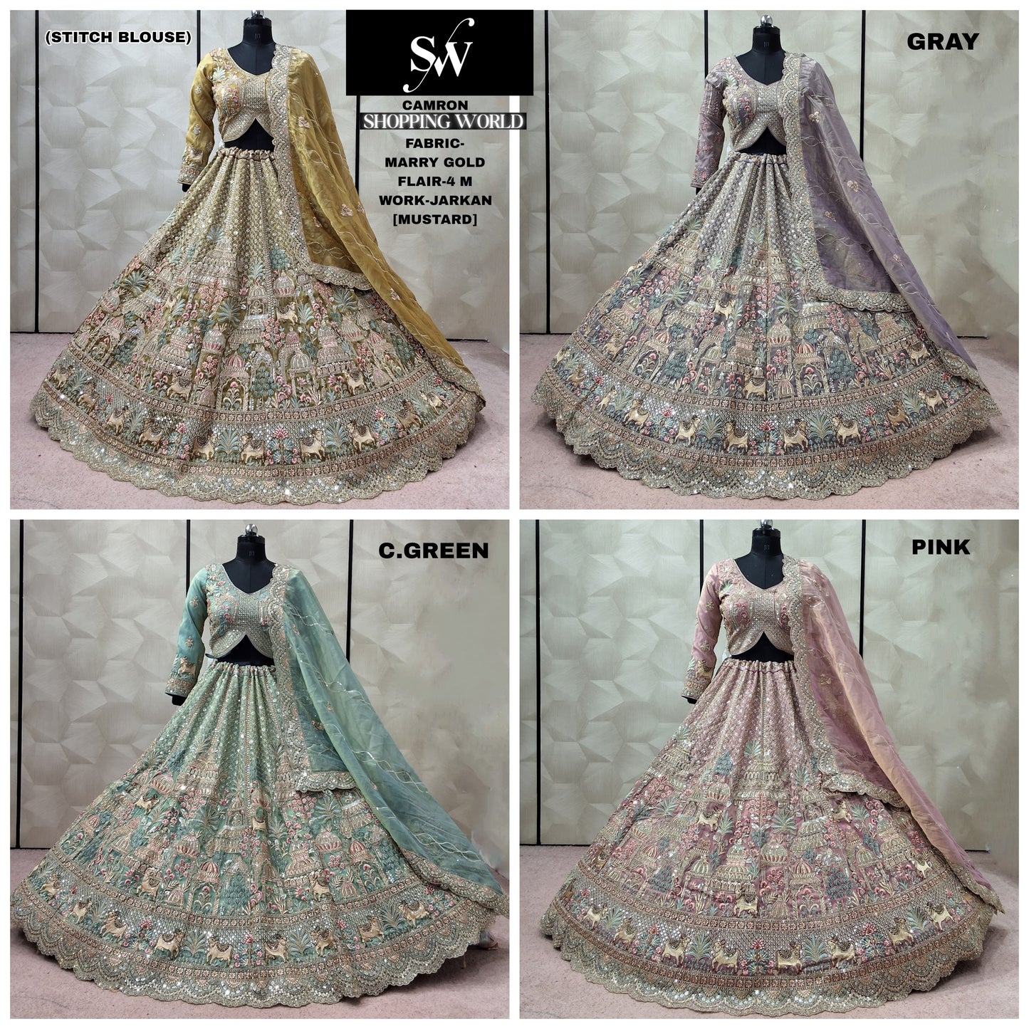Mustard grey Sea green pink Marry gold crop top Lehenga