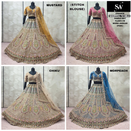 Mustard Pink Chiku Golden morpeach blue Net crop top Lehenga