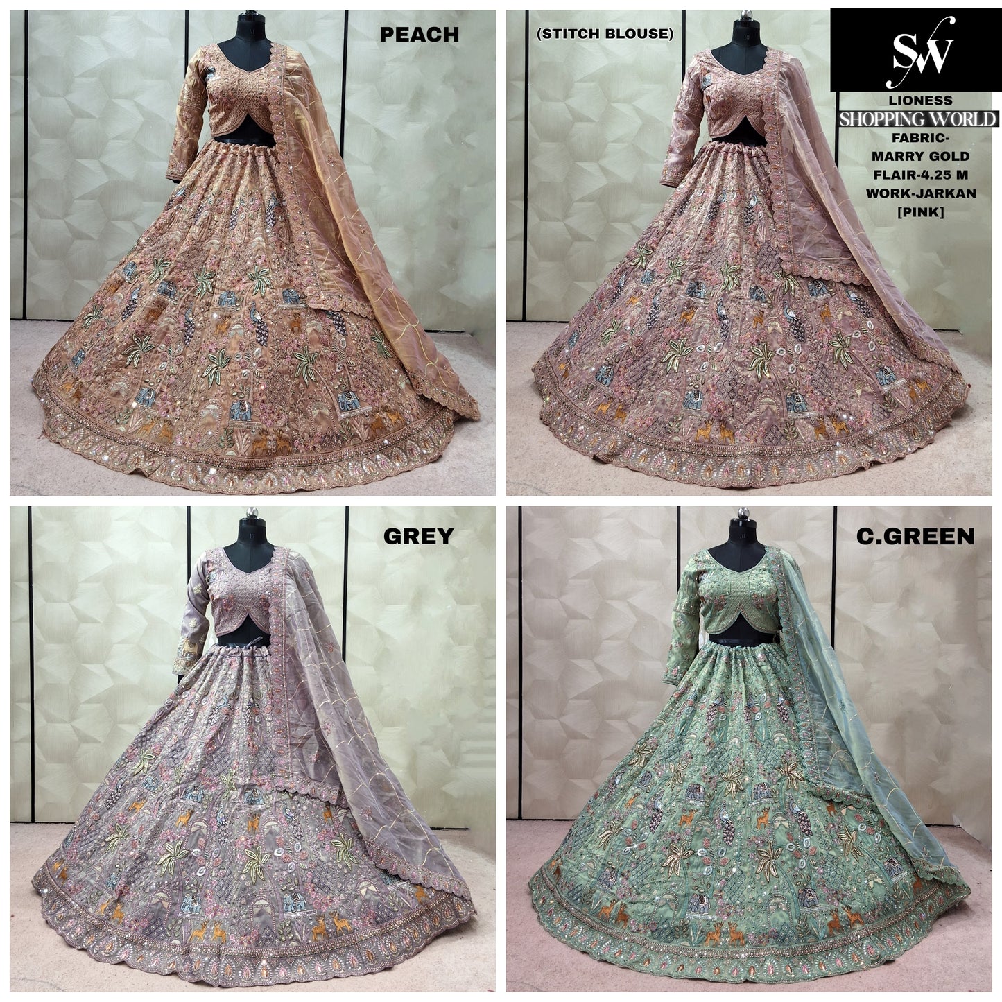 Peach Pink Grey Sea green Marry gold crop top Lehenga